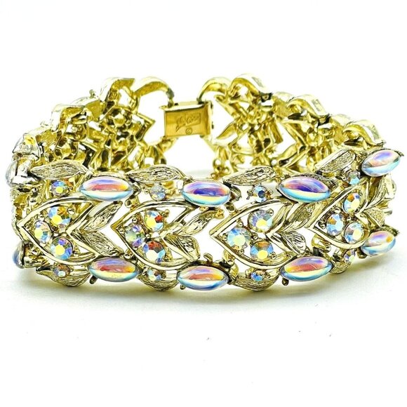 Coro Jewelry - CORO PEGASUS Aurora Borealis Heart Link Bracelet Gold Tone Safety Chain Classic
